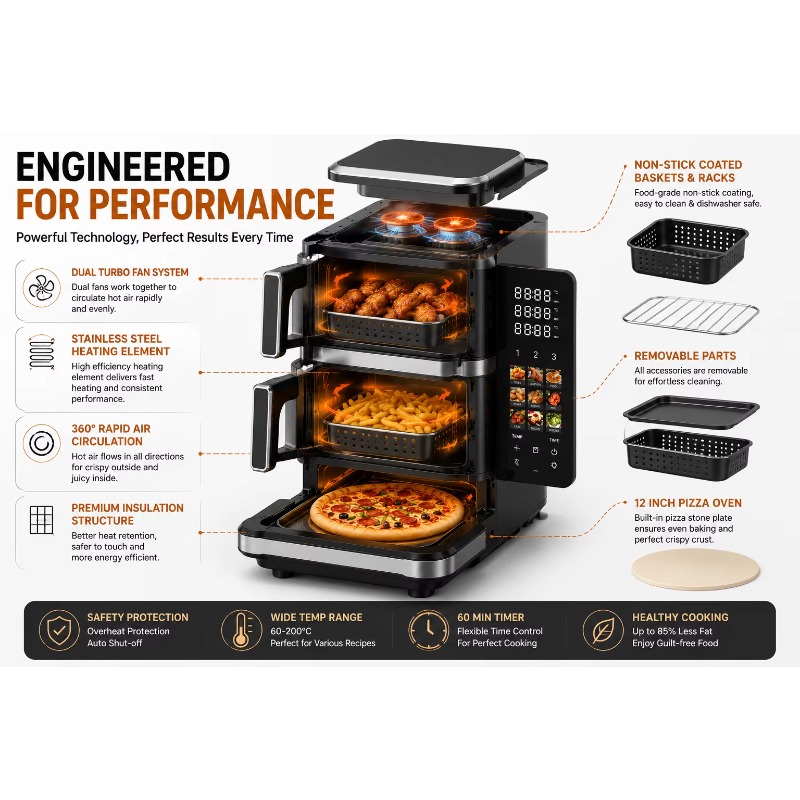 Air Fryer - Elektrische Heißluftfritteuse, Pizza-Backfunktion, 7L + 5L